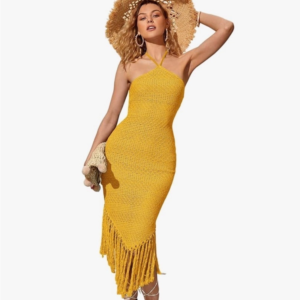 NWT FLOERNS Yellow Crochet Halter Midi Dress with Fringe FLAWED GEM